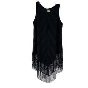 Black Fringe Tunic Crochet Lace Size S Boho Festival Cocomo Sleeveless Stretch